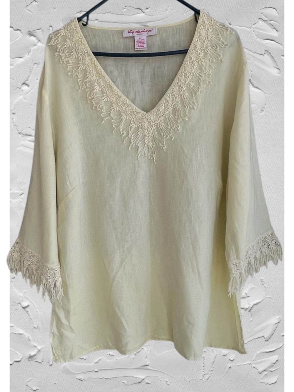 Lily Stanhope 2X 100% Linen Beaded Embroidered Lace Butter Yellow Resortwear